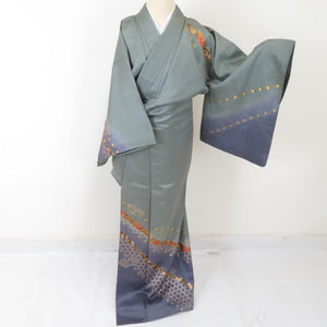 Visit clothing chrysanthemum chrysanthemum pattern gray green lined wide collar widespread silk crest co -eight -handed semi -formal tailoring kimonos 161cm