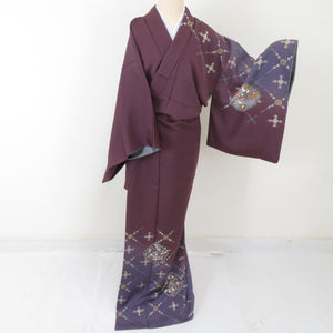 Visiting Yasuhiro Senji Yuzen Dyeing Hanabishi Hanabishi Lattice Purple Lined Collar Silk Crest No Semi -formal tailoring kimono 162cm