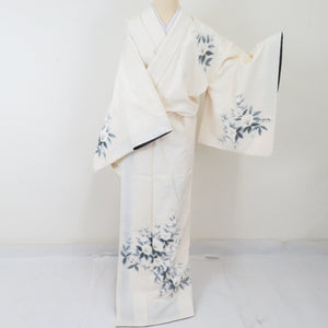 Visitors Tsumugiji Hand -drawn Tsubaki -style writer White lined Lined -lined wide collar pure silk crest tailoring kimono 161cm