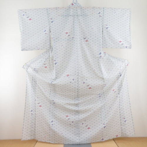 夏着物 小紋 麻の葉に唐子 単衣 絽 ポリエステル 洗える着物 夏用 白 バチ衿 仕立て上がり 身丈167cm