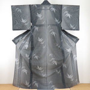 Summer kimono Komon stripes and crane -phashawable clothes gauge polyester Washable kimono white black black wide collar tailored up 165cm
