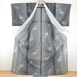 Summer kimono Komon stripes and crane -phashawable clothes gauge polyester Washable kimono white black black wide collar tailored up 165cm