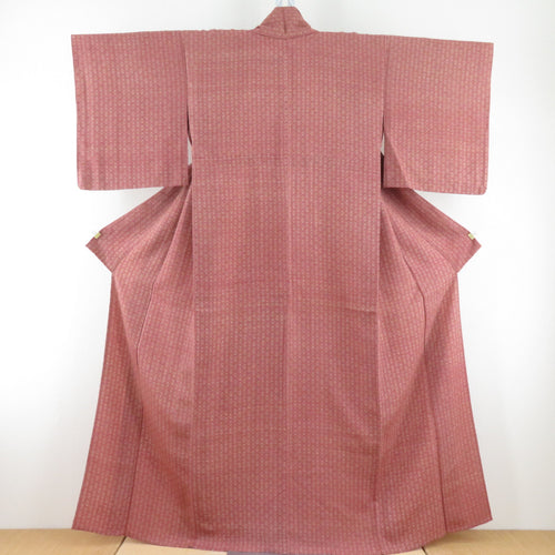 小紋 麻の葉文様 単衣 赤茶色 正絹 広衿 カジュアル 仕立て上がり着物 身丈158cm