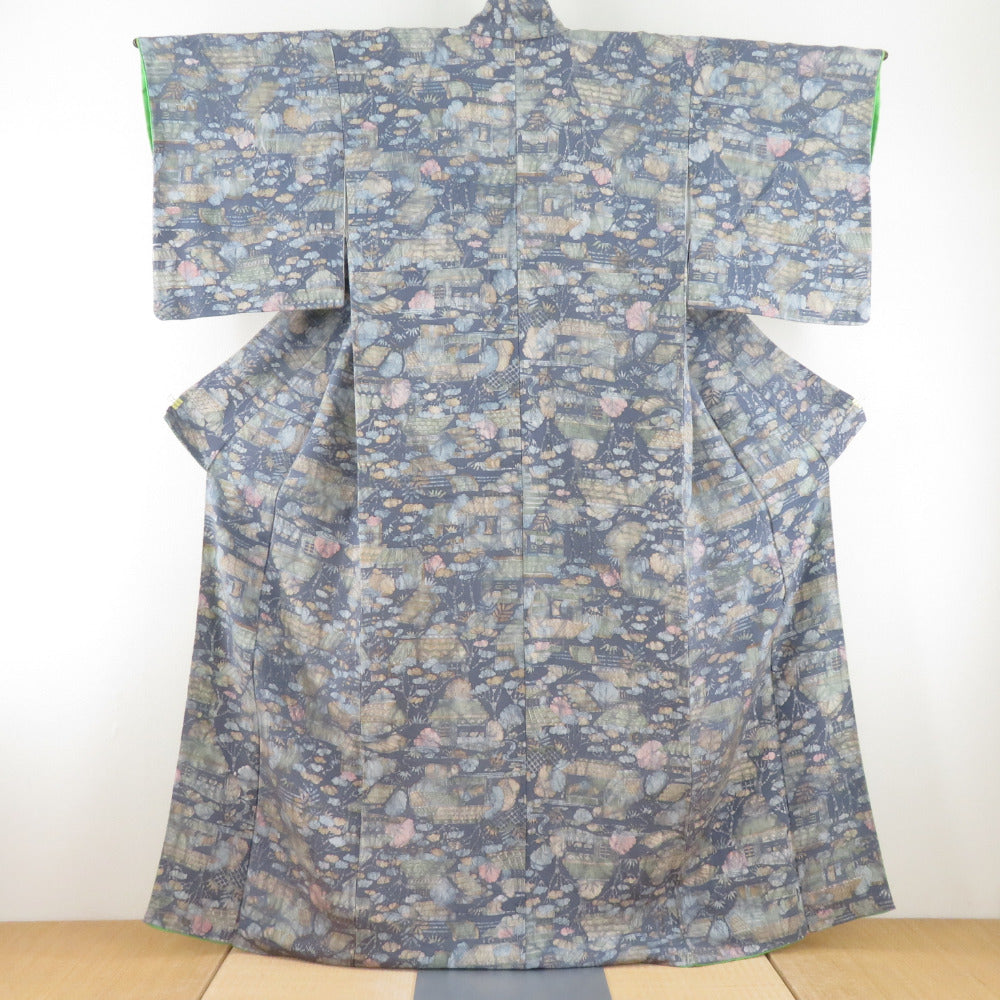 美品》しつけ糸付き 袷 昔着物 正絹 小紋 緑 リメイク 和洋折衷