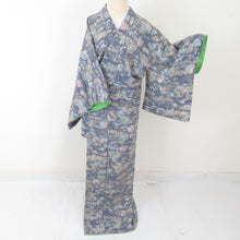 Load image into Gallery viewer, Komon crepe countryside landscape pure silk gray purple lined lined lined lined lined collar casual kimono 161cm