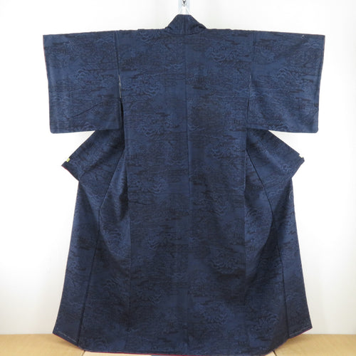 紬 着物 ヱ霞花文様 紺色 袷 広衿 正絹 カジュアル着物 仕立て上がり 身丈160cm