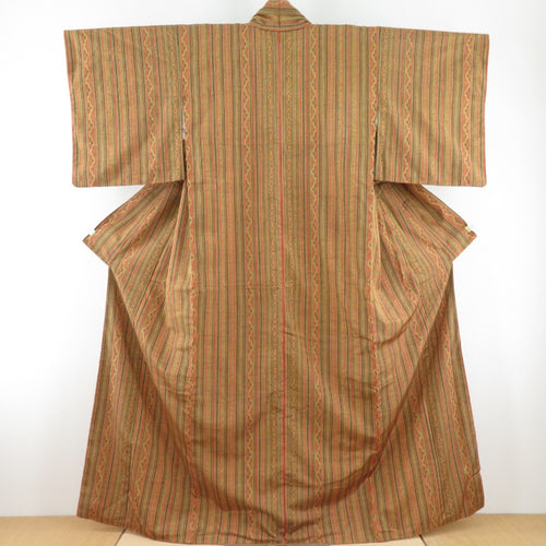 紬 着物 飾り縦縞文様 黄土色 袷 広衿 正絹 カジュアル着物 仕立て上がり 身丈161cm