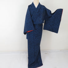 Load image into Gallery viewer, Komon Tsumugi Aizen Flower Aquarium Pure Silk Navy Blue Lined Lined Wide Casual Casual Tailoring Kimono Studio 162cm