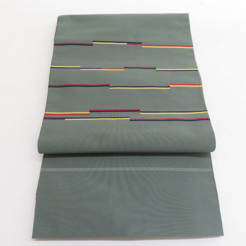 Nagoya Obi spelling horizontal striped pattern green drum pattern octowal belt silk tailoring kimono casual length 372cm