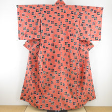 Load image into Gallery viewer, Antique Meisen kimono square pattern wide collar orange lined lined casual kimono retro height 152cm