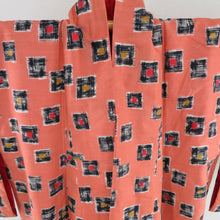 Load image into Gallery viewer, Antique Meisen kimono square pattern wide collar orange lined lined casual kimono retro height 152cm