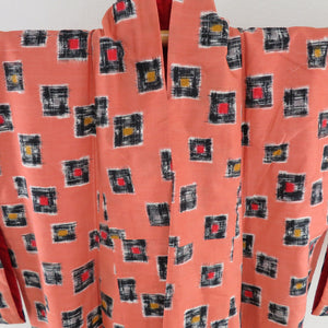 Antique Meisen kimono square pattern wide collar orange lined lined casual kimono retro height 152cm