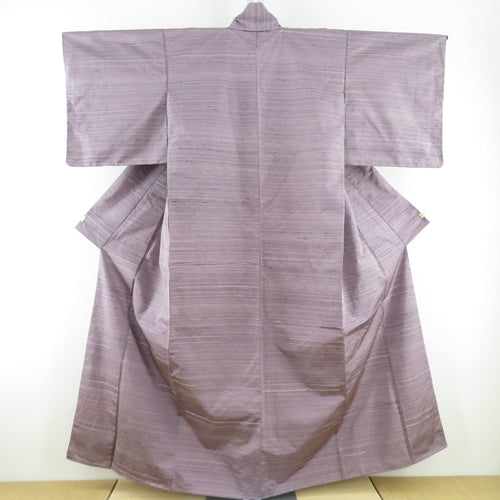 紬 着物 横縞文様 紫色 袷 広衿 正絹 カジュアル着物 仕立て上がり 身丈153cm