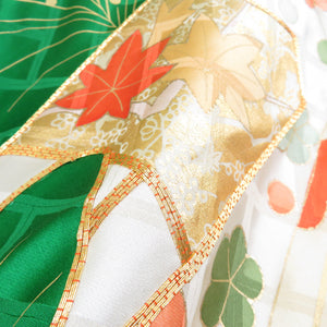 Flower pattern embroidery foil on kimono paddy green pure silk lined wide collar coming -of -age ceremony graduation ceremony formal height 161cm