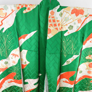 Flower pattern embroidery foil on kimono paddy green pure silk lined wide collar coming -of -age ceremony graduation ceremony formal height 161cm