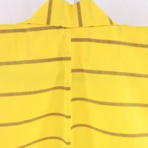 ウール着物 単衣 横縞文様 織り柄 黄色 バチ衿 カジュアルきもの 普段着物 仕立て上がり 身丈155cm