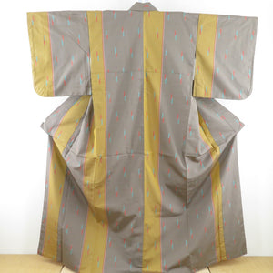 Tsumugi Kimono Ensemble Feather with Feather Pattern Powl Back Collar Brown Color Yamabuki Color Silk Casual Tailor