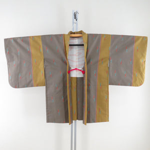 Tsumugi Kimono Ensemble Feather with Feather Pattern Powl Back Collar Brown Color Yamabuki Color Silk Casual Tailor