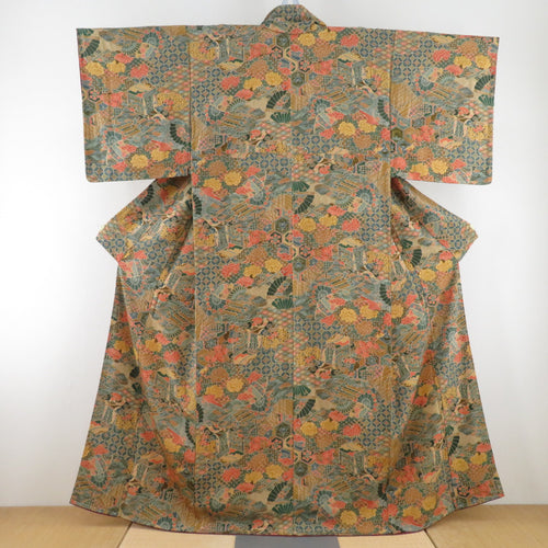 Komon cracked pattern pattern Lined collar brown brown pure silk tailed casual kimono 158cm