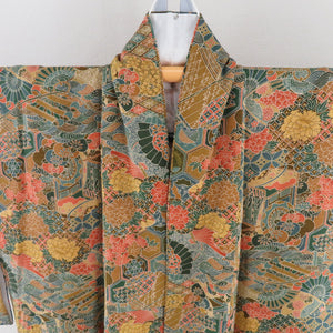 Komon cracked pattern pattern Lined collar brown brown pure silk tailed casual kimono 158cm