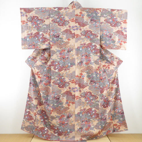 Flower pattern foil on a small crest tub, wide collar light orange brown pure silk, casual kimono 157cm