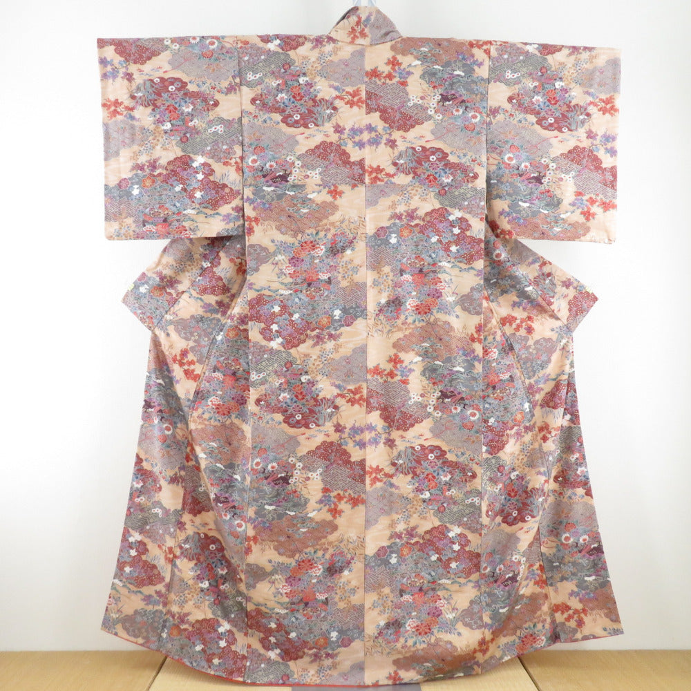 Flower pattern foil on a small crest tub, wide collar light orange brown pure silk, casual kimono 157cm