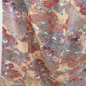 Flower pattern foil on a small crest tub, wide collar light orange brown pure silk, casual kimono 157cm