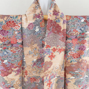 Flower pattern foil on a small crest tub, wide collar light orange brown pure silk, casual kimono 157cm