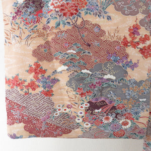 Flower pattern foil on a small crest tub, wide collar light orange brown pure silk, casual kimono 157cm