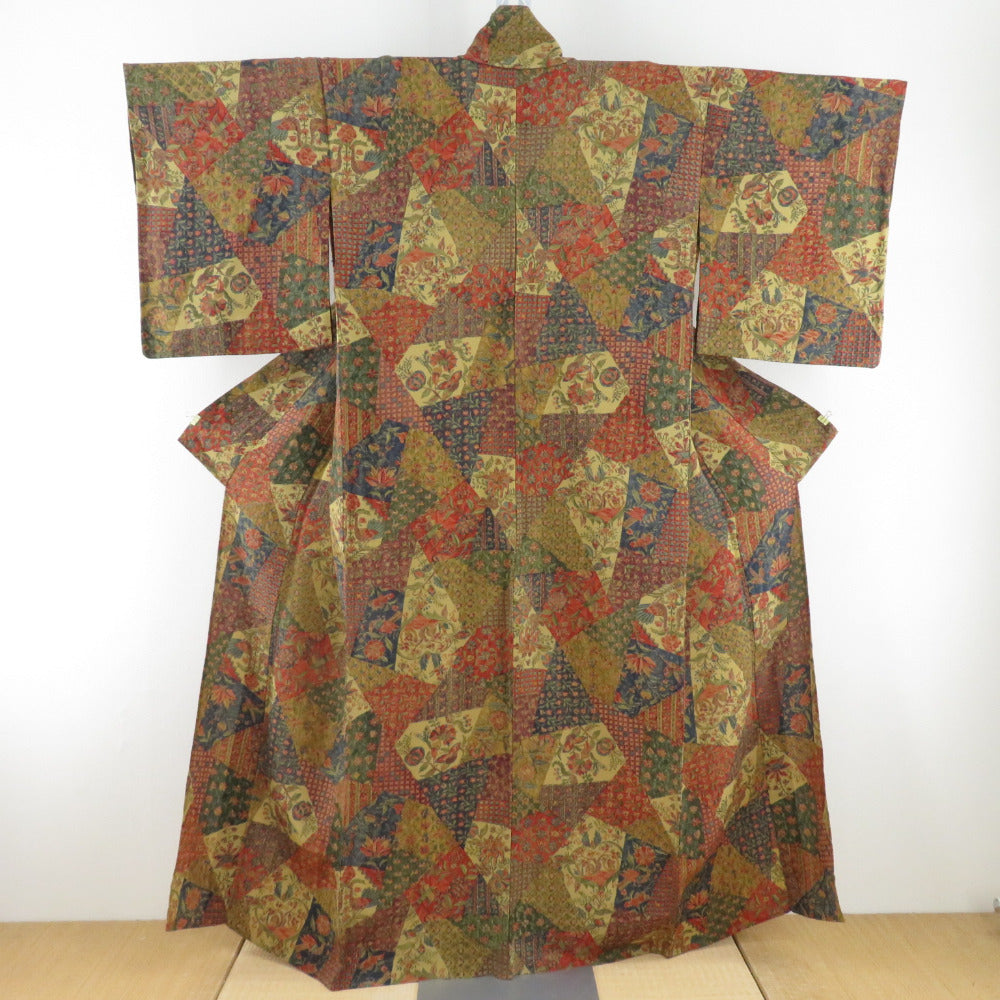 Komon Rippling Sarasa Public Cover Wide Collar Yellow Green Crepe Pure Silk Casual Casual Kimono 157cm