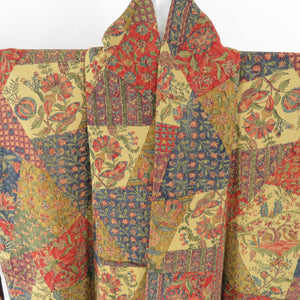 Komon Rippling Sarasa Public Cover Wide Collar Yellow Green Crepe Pure Silk Casual Casual Kimono 157cm