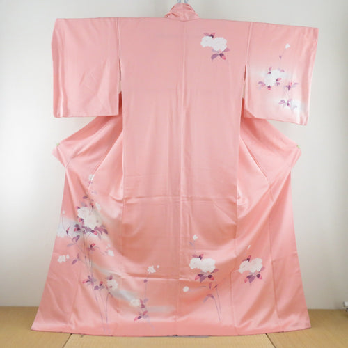 Falling branch flower sentence Pink -colored lined wide collar Saaya type Pure silk crestless tailoring kimono 171cm