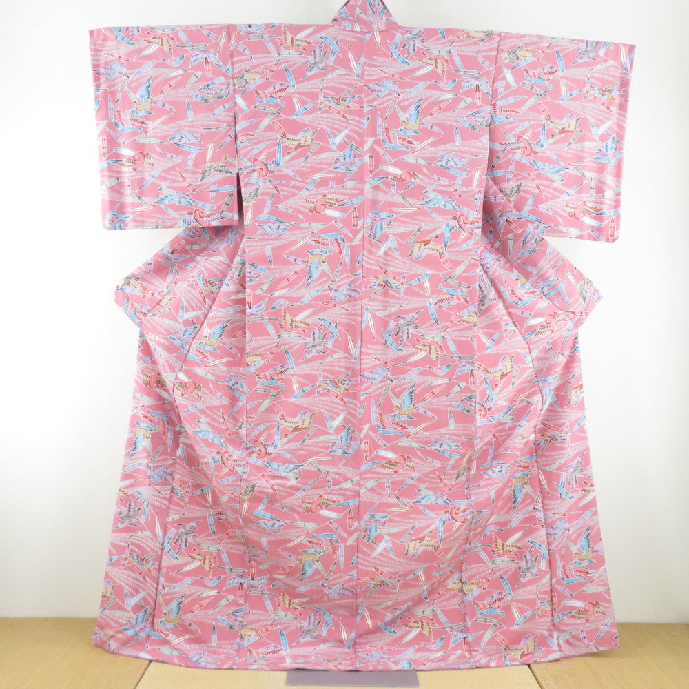 Komon Susuki and Geese Sanbi -made Lined Wide Collar Pink Park Polyester Washing Kimono