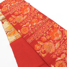 Load image into Gallery viewer, Nagoya Obi Tsumugi Sarasa Purpose Red orange 6 -handed pattern Pure silk pine leaf tailed kimono belt Casual Length 342cm