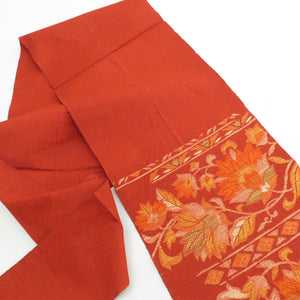 Nagoya Obi Tsumugi Sarasa Purpose Red orange 6 -handed pattern Pure silk pine leaf tailed kimono belt Casual Length 342cm