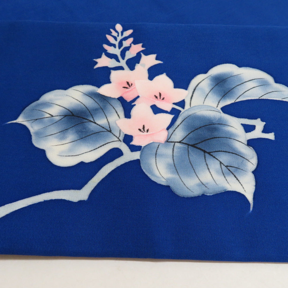 名古屋帯 塩瀬 桐花文様 手描き 青色 正絹 お太鼓柄 九寸帯