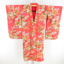 Load image into Gallery viewer, Children&#39;s kimono Antique girl kids lined three bodies on a fan of pure silk pink orange retro Shichigosan girls 115cm