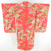 Load image into Gallery viewer, Children&#39;s kimono Antique girl kids lined three bodies on a fan of pure silk pink orange retro Shichigosan girls 115cm