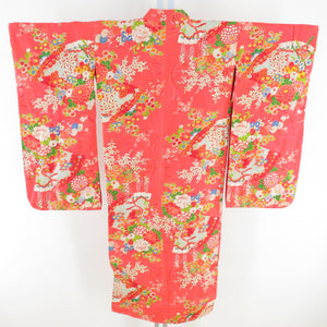 Children's kimono Antique girl kids lined three bodies on a fan of pure silk pink orange retro Shichigosan girls 115cm