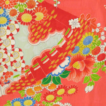 Load image into Gallery viewer, Children&#39;s kimono Antique girl kids lined three bodies on a fan of pure silk pink orange retro Shichigosan girls 115cm