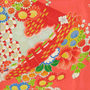 Children's kimono Antique girl kids lined three bodies on a fan of pure silk pink orange retro Shichigosan girls 115cm