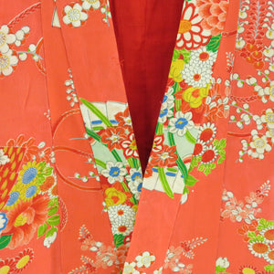 Children's kimono Antique girl kids lined three bodies on a fan of pure silk pink orange retro Shichigosan girls 115cm