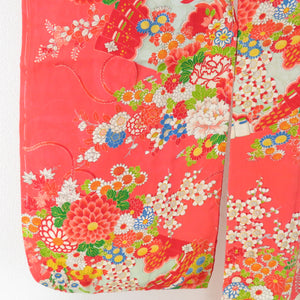 Children's kimono Antique girl kids lined three bodies on a fan of pure silk pink orange retro Shichigosan girls 115cm