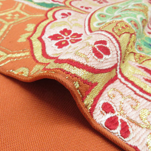 Flower bird pattern orange six -handed pattern pure silk kimono length 392cm in antique picture dish