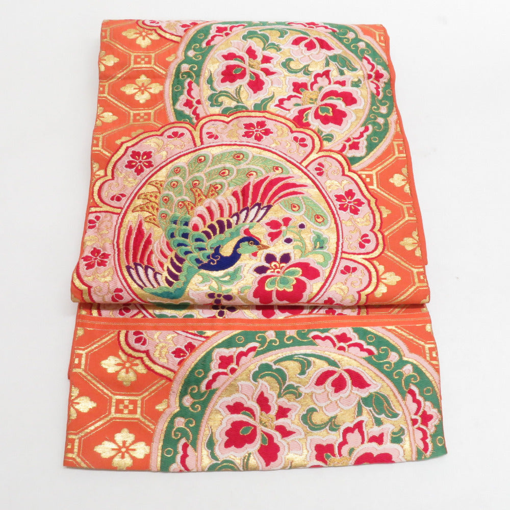 Flower bird pattern orange six -handed pattern pure silk kimono length 392cm in antique picture dish