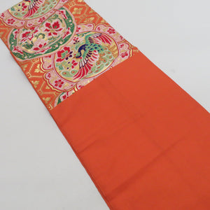 Flower bird pattern orange six -handed pattern pure silk kimono length 392cm in antique picture dish