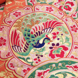 Flower bird pattern orange six -handed pattern pure silk kimono length 392cm in antique picture dish