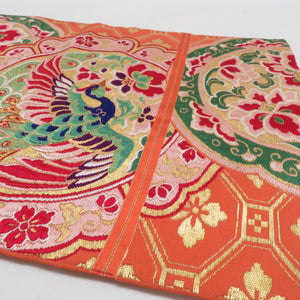 Flower bird pattern orange six -handed pattern pure silk kimono length 392cm in antique picture dish