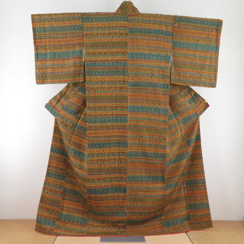 Komon horizontal decoration striped lined collar walnut -colored pure silk tailed casual kimono 164cm