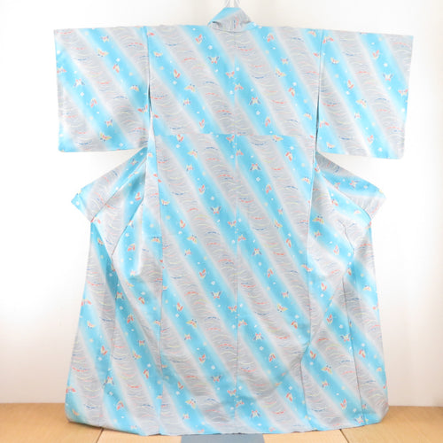 Komon Shibusa and cherry butterfly pattern Single collar wide collar blue -gray gray polyester Washable kimono tailor -tailored 163cm